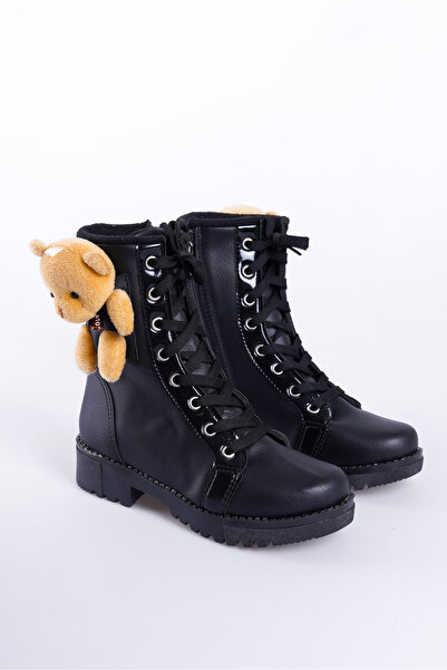 CAMOLLA Ayıcıklı Fermuarlı Kaymaz Taban İçi Sıcak Astarlı Siyah Kız Çocuk Bot