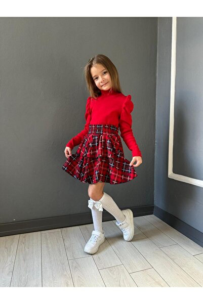 Yavrumsa Girl's Red Badi and Plaid Skirt Set