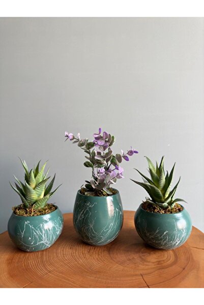 odka Yapay Bitkili 3lü Saksı Seti Zümrüt Yeşili Mermer Desenli