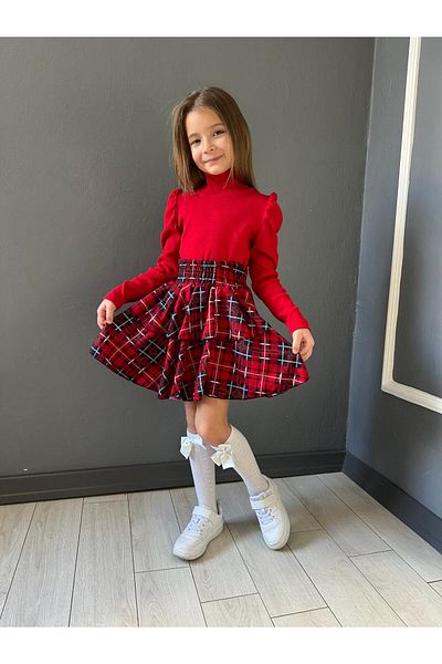 Yavrumsa Girl's Red Badi and Plaid Skirt Set