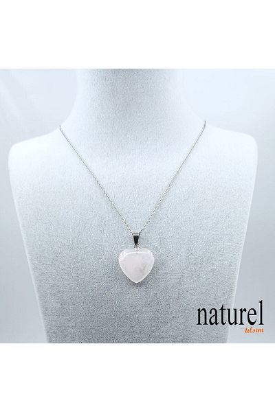 Naturel Tılsım Natural Stone Pink Quartz Heart Stainless Steel Chain Necklace