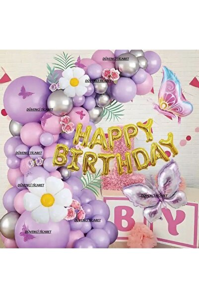 DÜVENCİ TİCARET 2-Piece Butterfly Daisy Foil Happy Birthday Balloon Chain Set...