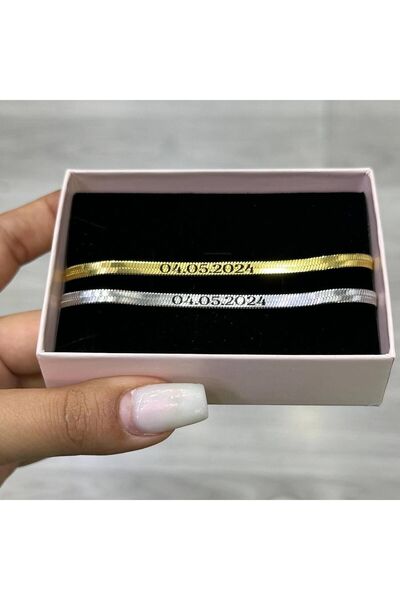 Doğaltaş Kişiye Özel Lazer İşleme Paslanmaz İtalyan Zinciri Çift Çelik Bileklik