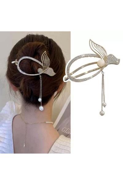 Rachel Gold Crystal Stone Pearl Dangle Curved Bun Buckle
