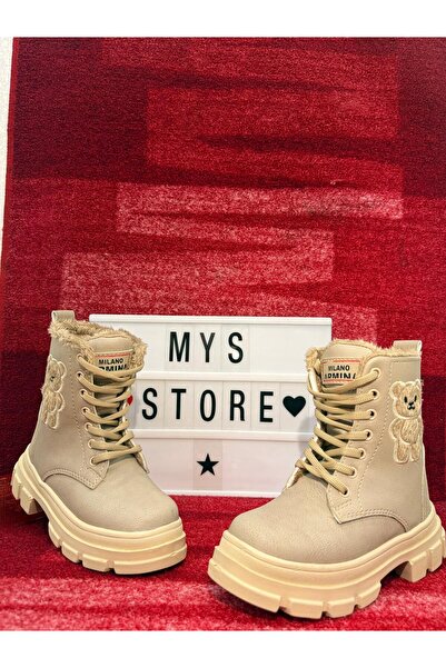 MYSSTORE Kız Çocuk Ayı Oyuncaklı Bej Bağcıklı Fermuarlı İçi Yünlü Bot