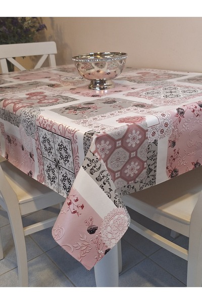 Başak Ev Tekstili قماش زيتي من الألياف PVC - مفرش طاولة منقوش قابل للمسح (وردي)