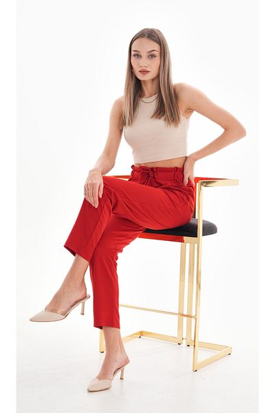 DEVRİMAY TEKSTİL Women's Red High Waist Full Lycra Pocket Elastic Waist Carrot Cut Crepe Pants