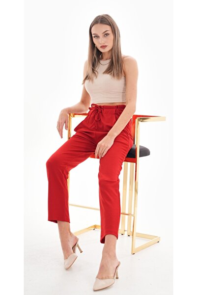 DEVRİMAY TEKSTİL Women's Red High Waist Full Lycra Pocket Elastic Waist Carrot Cut Crepe Pants