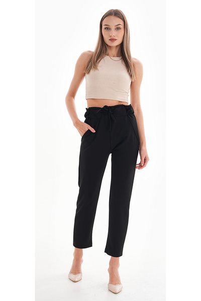 DEVRİMAY TEKSTİL Women's Black High Waist Full Lycra Pocket Elastic Waist Carrot Cut Crepe Pants