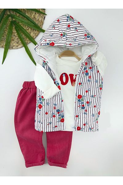 Skygo 3-4-5-6 Years Hooded Flower Patterned Inflatable Vest and Sweat Pants Set