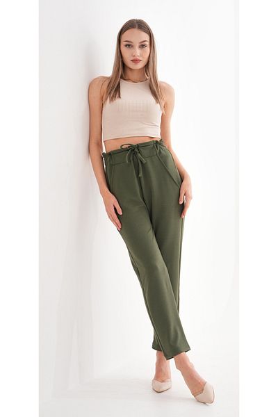 DEVRİMAY TEKSTİL Pantaloni din crepon cu tăietură morcov, kaki, cu talie înaltă, cu buzunare din lycra și talie elastică