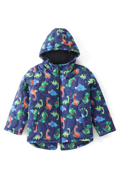 Babyhug Babyhug Woven Full Sleeves Padded Hooded Jacket with Dino Print - Navy Blue