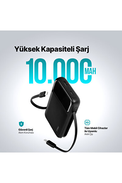 Ttec ReCharger Pro LCD 10.000mAh PD 22,5W Lightning ve USB-CDahili Kablolu Taşınabilir Hızlı Şarj Aleti