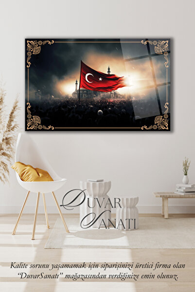 duvarsanatı Dalgalanan Türk Bayrağı ve Cami Cam Tablo , Modern Ev Ofis Salon Duvar Dekoru Büyük Tablo ,Hediyelik