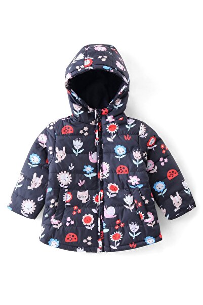 Babyhug جاكيت Babyhug منسوج بأكمام كاملة مبطن بغطاء رأس وطبعة زهور - أزرق داكن