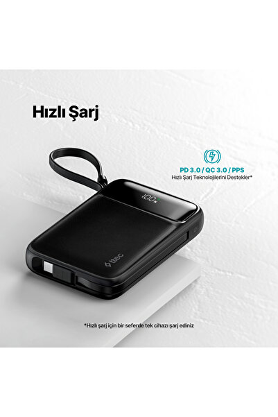 Ttec ReCharger Pro LCD 10.000mAh PD 22,5W Lightning ve USB-CDahili Kablolu Taşınabilir Hızlı Şarj Aleti