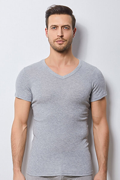 Svm Erkek 2'li Ribana likralı V Yaka Tişört