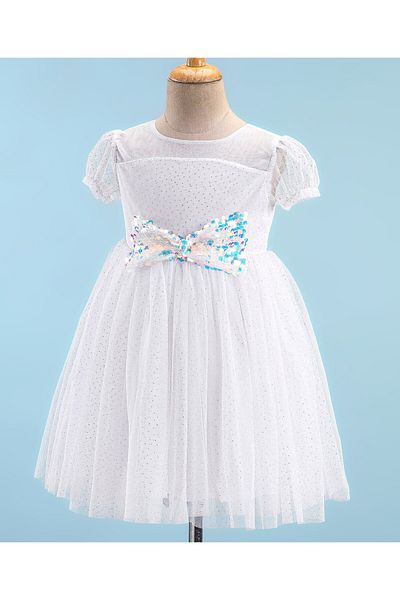 Babyhug Babyhug Woven Half Sleeves Glittery Mesh Party Frock With Sequin Bow - White