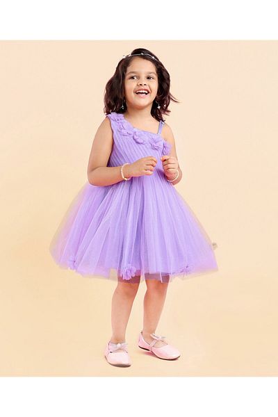 Babyhug Sleeveless One Shoulder Party Frock With Floral Corsage  Glitter Detailing - Lavender