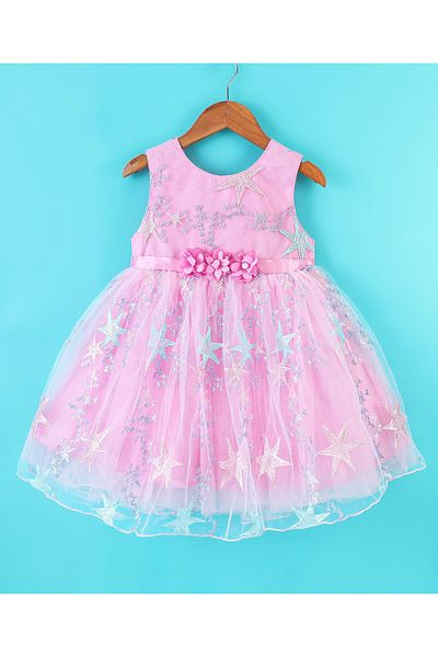 Babyhug Sleeveless Party Frock With Star Embroidered & Floral Applique - Pink