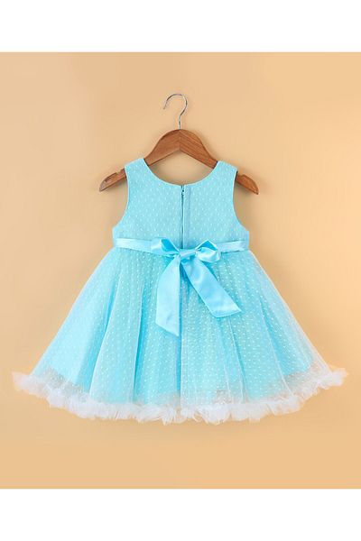 Babyhug Sleeveless  Swiss Dot Design Party Dress with Floral Corsage - Light Blue