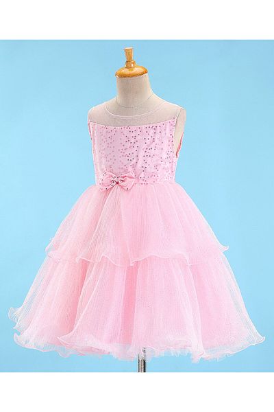 Babyhug Sleeveless Sequinned Party Wear Layered Frock Bow Applique- Pink