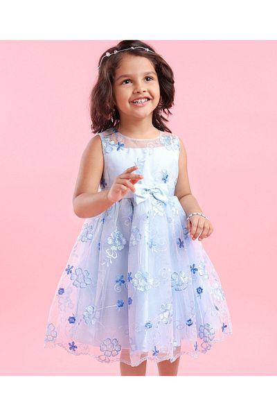 Babyhug Sleeveless Floral Embroidered Party Frock - Blue