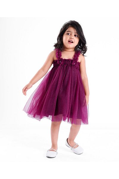 Babyhug Babyhug Singlet Sleeves Mesh Detailing A-Line Glittery Party Frock - Purple