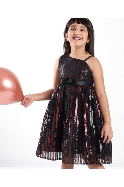 Babyhug Sleeveless Sequinned Party Frock with Floral Applique - Red & Black