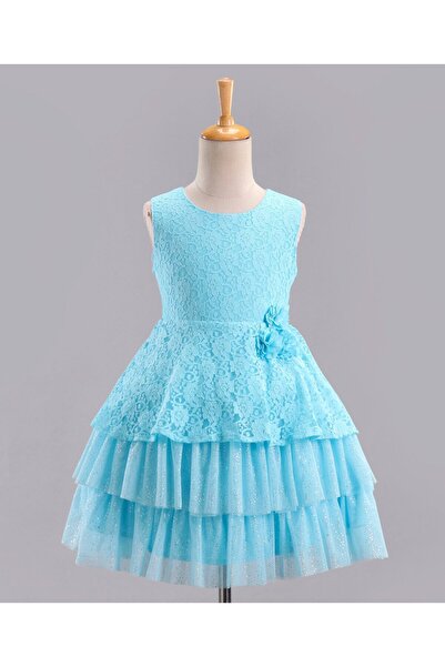 Babyhug Mesh Sleeveless Embroidery Frock - Sky Blue