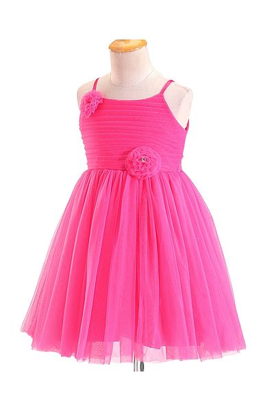 Babyhug Woven Sleeveless Mesh Party Frock With Floral Applique - Fuchsia