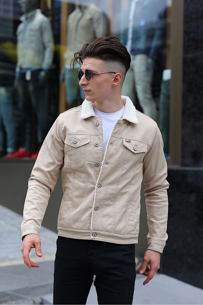 WKM Jachetă de blugi din denim bej pentru bărbați cu blană albă în interior