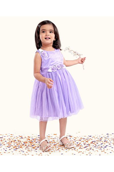 Babyhug Floral Applique Party Frock - Purple