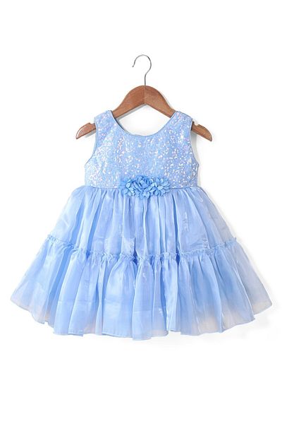 Babyhug Babyhug Sleeveless Sequins Detailing Organza Tiered Party Frock - Frozen  Blue
