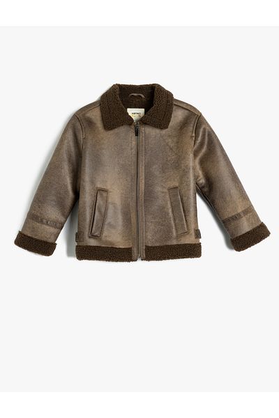 Koton Faux Fur Leather Look Jacket - Collar Detail, Zippered Pocket