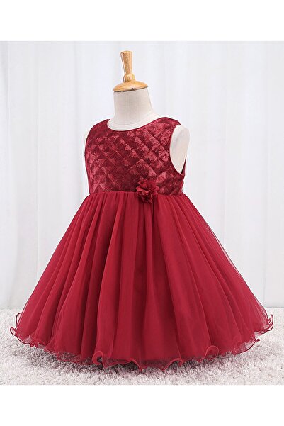 Babyhug Sleeveless Party Frock With Sequin Embroidery & Floral Corsage- Red