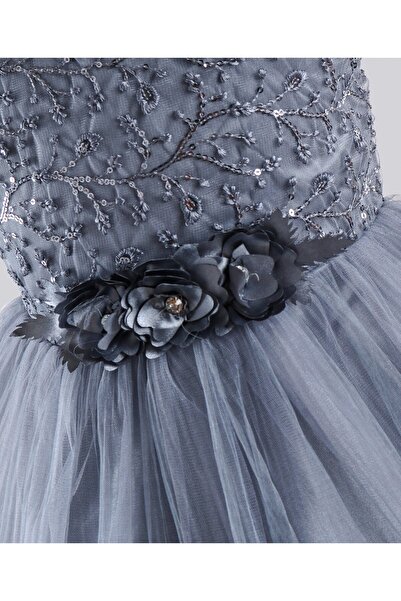 Babyhug Sleeveless Party Wear Frock With Floral Corsage and Sequin Embroidery - Grey