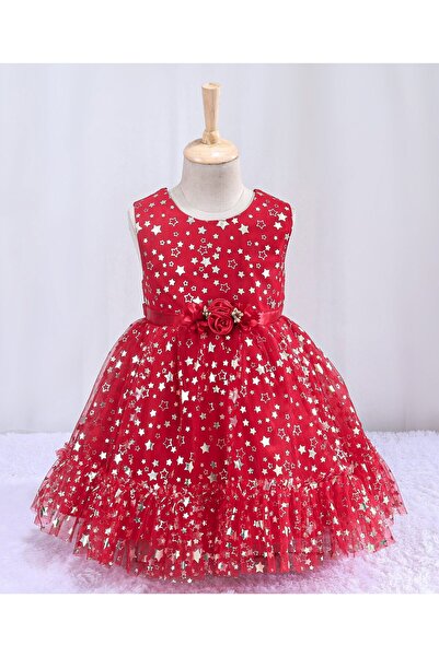 Babyhug Sleeveless Party Frock With Floral Corsage & Foil Stars Print- Red