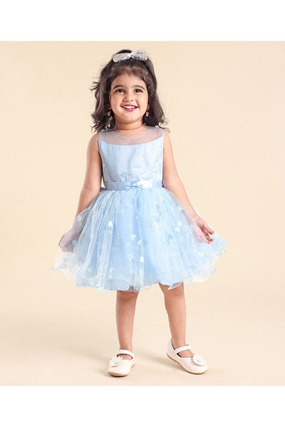 Babyhug Sleeveless Sequin Party Frock With Bow - Frozen Blue