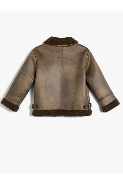 Koton Faux Fur Leather Look Jacket - Collar Detail, Zippered Pocket