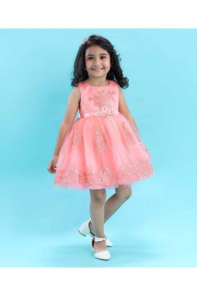 Babyhug Sleeveless Embroidered Party Frock -  Peach