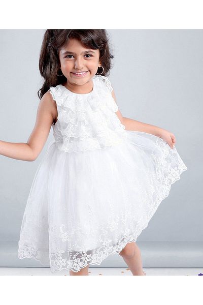 Babyhug Sleeveless Party Wear Frock Embroidered - White