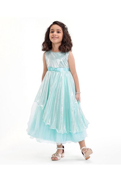 Babyhug Woven Sleeveless Metallic & Mesh Party Gown - Mint