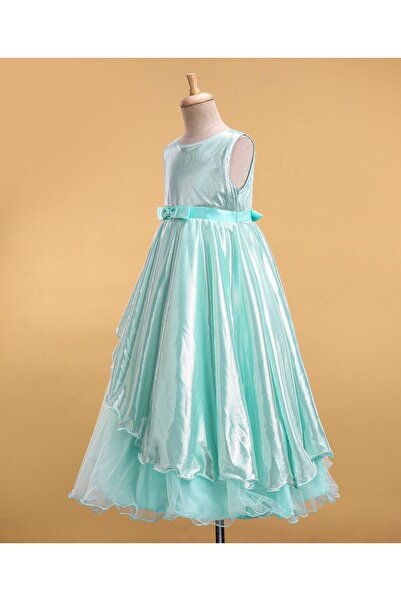 Babyhug Woven Sleeveless Metallic & Mesh Party Gown - Mint