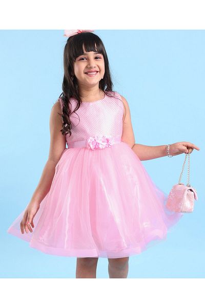 Babyhug Woven Sleeveless Sequinned Party Frock with Floral Corsage - Pink
