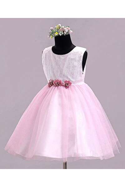 Babyhug Party Frock with Sequin & Flower Applique - Rose
