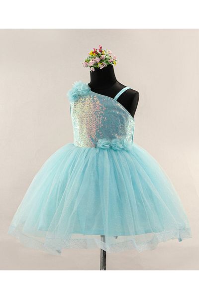 Babyhug Sleeveless Party Wear Frock with Sequins and Corsage - Light Blue