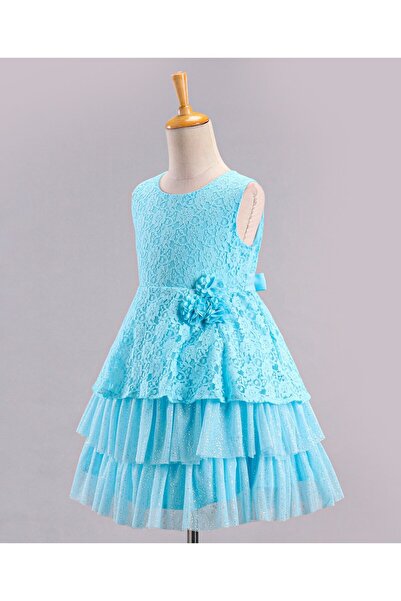 Babyhug Mesh Sleeveless Embroidery Frock - Sky Blue