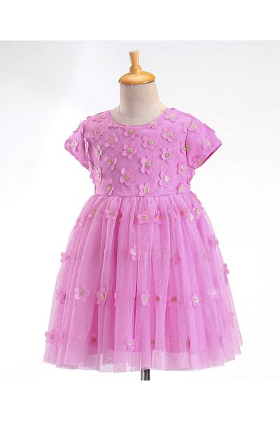Babyhug Babyhug Woven Half Sleeves Party Frock with Floral Applique - Lavender