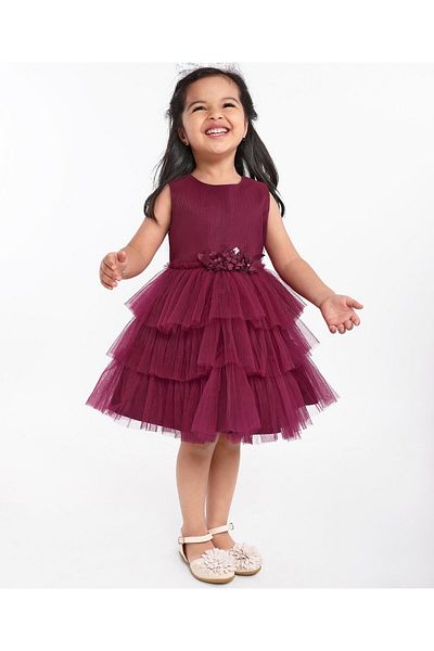 Babyhug Sleeveless Party Wear Layered Frock With Net Detailing & Floral Corsage- Maroon